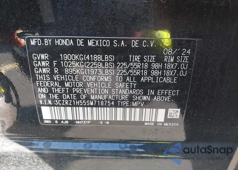 2025 Honda Hr-V 2Wd Sport z USA, uszkodzony, nr VIN 3CZRZ1H55SM718754